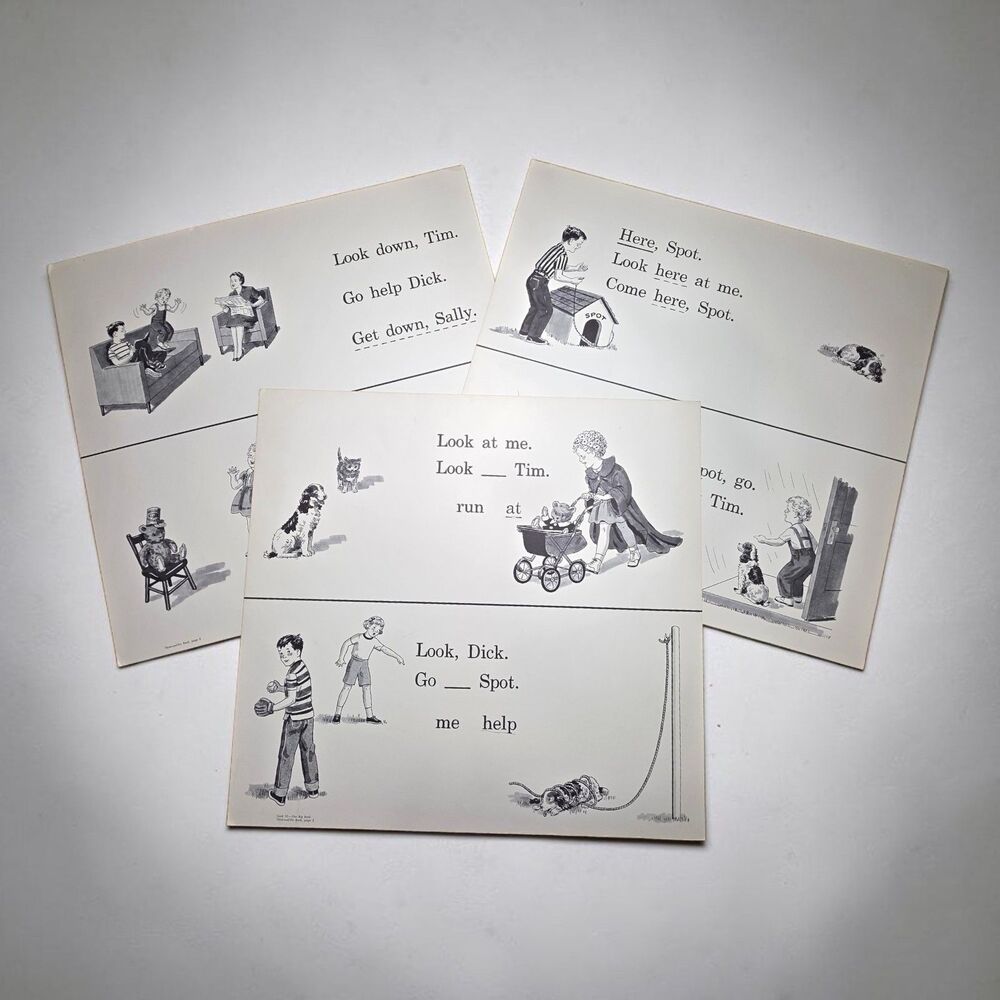3 Vintage 1962 Dick and Jane Classroom Display Chart Cards Lot Our Big Book